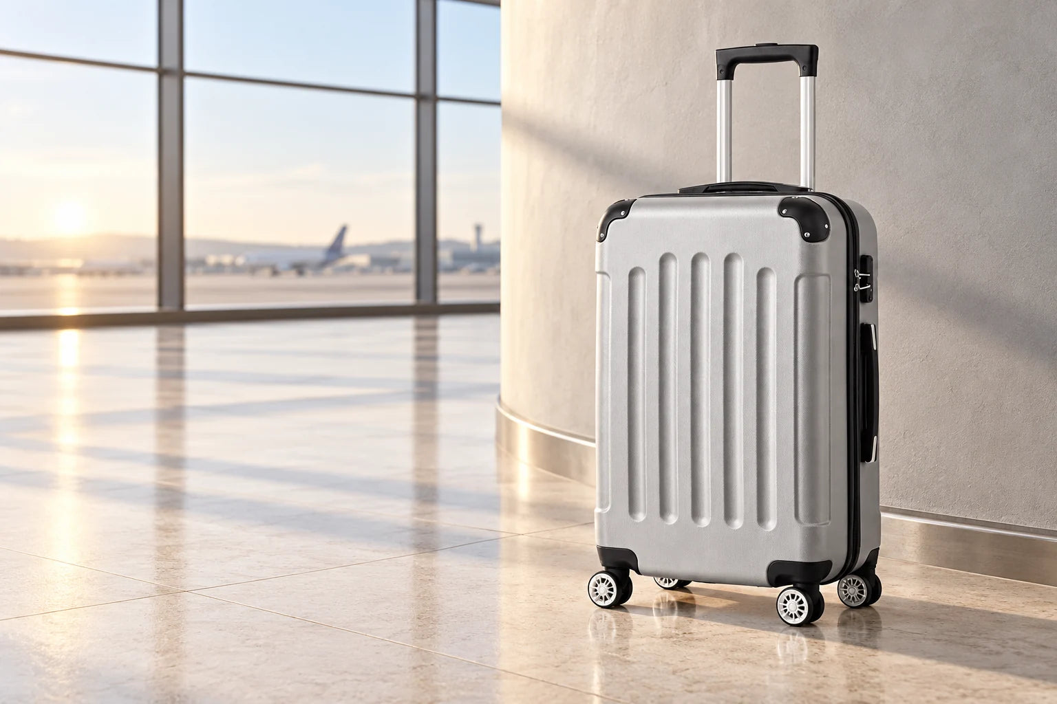 Silver suitcase in a bright airport