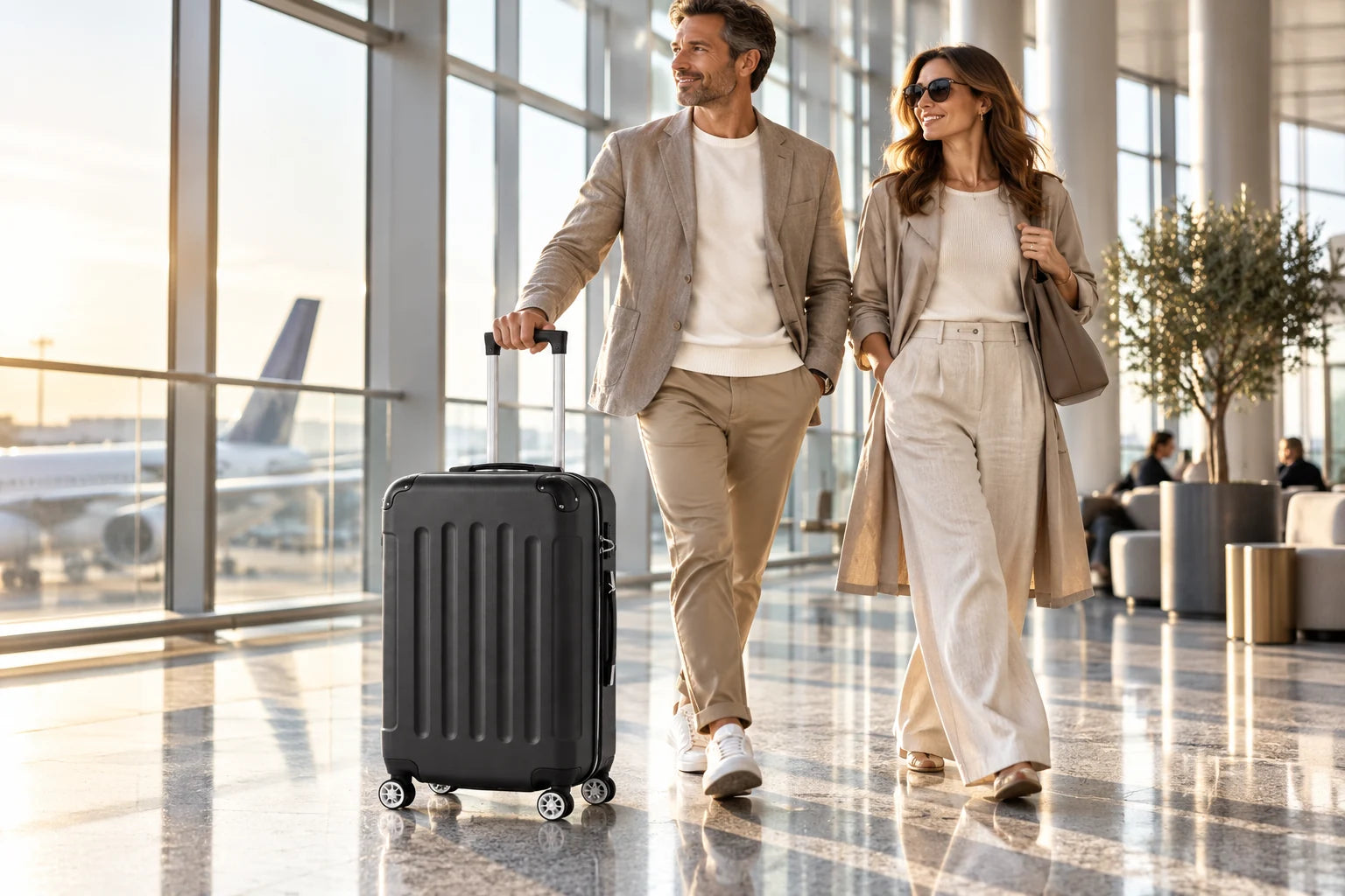 Travellers walking through a terminal with a black carry-on